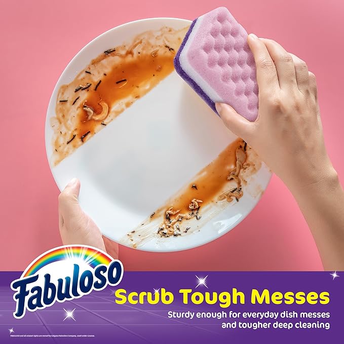 Fabuloso Scratch-Free Kitchen Dish Sponges, Purple Cellulose Scrubber Sponge with Scouring Pad for Dishes, Pots, Pans, Counters and Sinks, Tough on Messes, 4.25 x 2.75 x 1.25 in, 4 Count