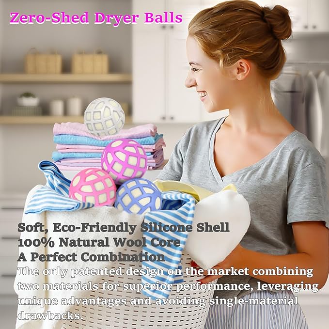 Dryer Balls – Patented Silicone Guard, Natural Wool Core, Super Anti-Tangle & Saves Drying Time, Reduces Static & Noise, Natural Fabric Softener, XL 3" Pack of 6
