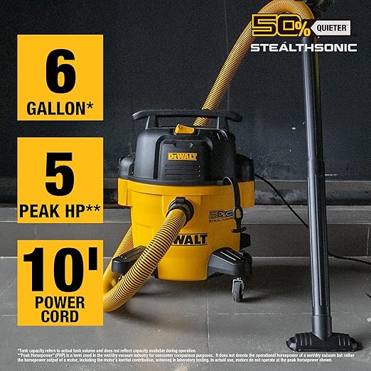 DEWALT 6-Gallon STEALTHSONIC Ultra Quiet Poly Shop Vacuum Wet and Dry with 6 Dust Bags, 5 Peak HP Noise Reduction Wet/Dry Vac for Jobsite, Workshop, and Garage, DXV06P-QTB