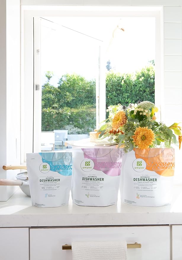 Grab Green Automatic Dishwashing Detergent Pods, 24 Count, Thyme Fig Leaf Scent, Plant and Mineral Based, Superior Cleaning, Powerful Grease Removal, Brilliant Shine