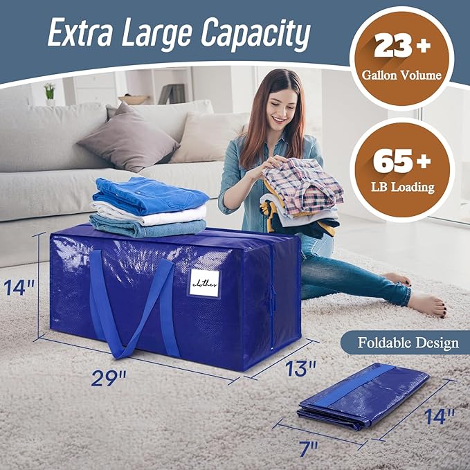 12 Pack Extra Heavy Duty Large Moving Bags with Strong Zipper & Comfortable Handles, Sturdy & Durable Clothes Storage Bags Totes Bins, Packing Moving Boxes for College Supplies, Blue