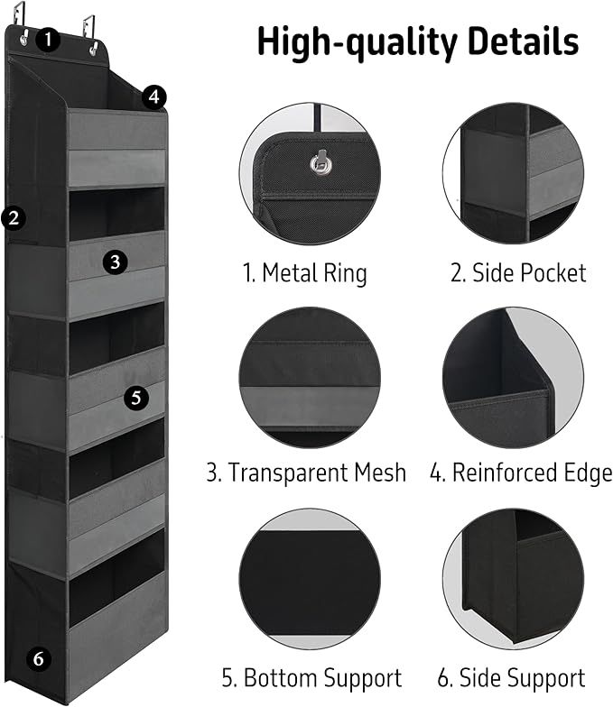 TYMENSH Over Door Organizer with 5 Large Pockets, Heavy Duty Hanging Organizer Storage, Closet Bathroom Nursery Bedroom Dorm, Toys Cosmetics Sundries and Baby Essentials, Black