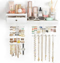 VINAEMO Jewelry Organizer Hanging Wall Mounted Jewelry Holder with Rustic Wood Drawer & Large Capacity Storage Shelf Rack Display for Earrings Rings Necklaces Bracelet(White Iron)
