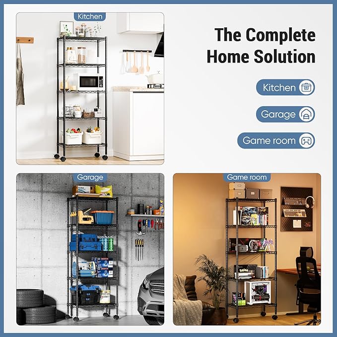 DUMOS 5 Tier Metal Shelving, Heavy Duty Shelves Wire Shelving Unit with Removable Wheel Casters, Shelves Organizer for Bathroom Garage Living Room Kitchen Pantry Laundry Black