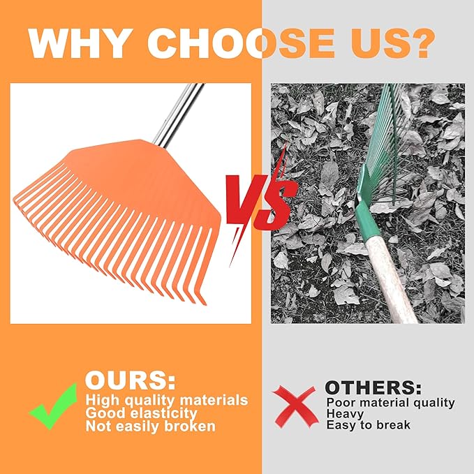 16.5-Inch Wide Adjustable Handle Leaf Rake - Plastic Rake Head, Lightweight & Compact, Used for Leaf Collection, Suitable for Small-Scale Cleanup, Ideal for Seniors and Kids