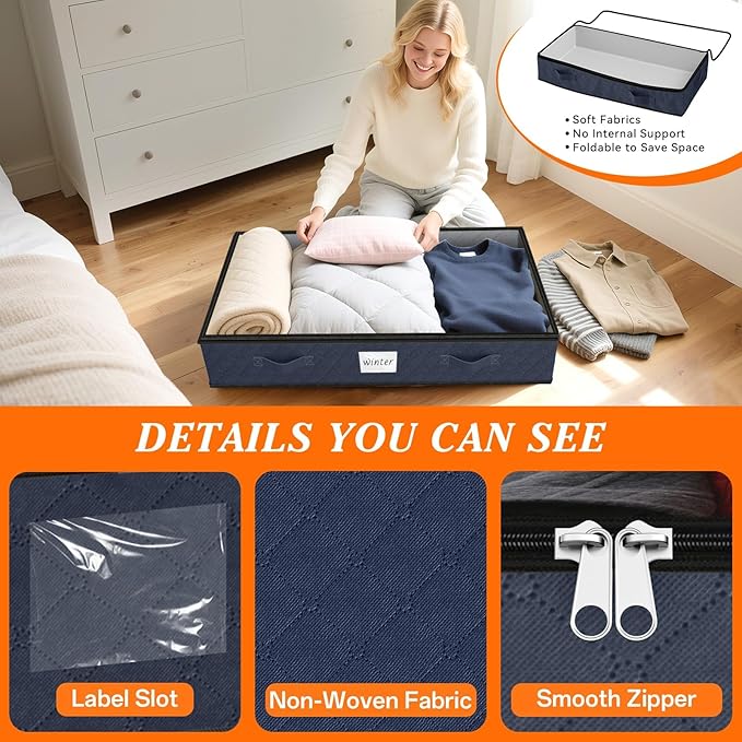SpaceWhisper 90L Under Bed Storage Containers, 2-Pack Storage Bins with Clear Top, Foldable Closet Organizers and Storage with Label Holder for Clothing, Blankets, Comforter & Pillows(Blue)
