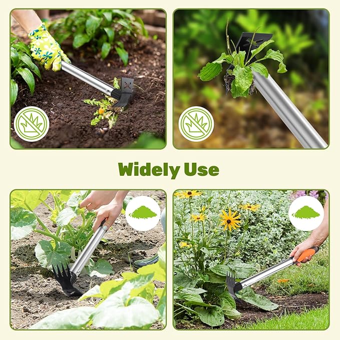 Weed Puller Tool 2 Pack, 2 in 1 Manual Weeding Rake and Garden Hoe, 17" Uprooting Weeder Remover Tool for Yard Lawn Patio and Garden, Portable Gardening Hand Tools for Veggies Flower Planting