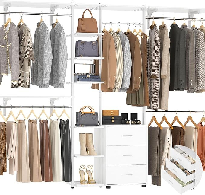 Aheaplus Closet System with Drawers, Closet Organizer System Storage with Shelves, 96'' Walk-in Closet with 5 Hanging Rods, Heavy Duty Wall Mounted Clothes Wardrobe Garment Rack,-Metal Frame, White