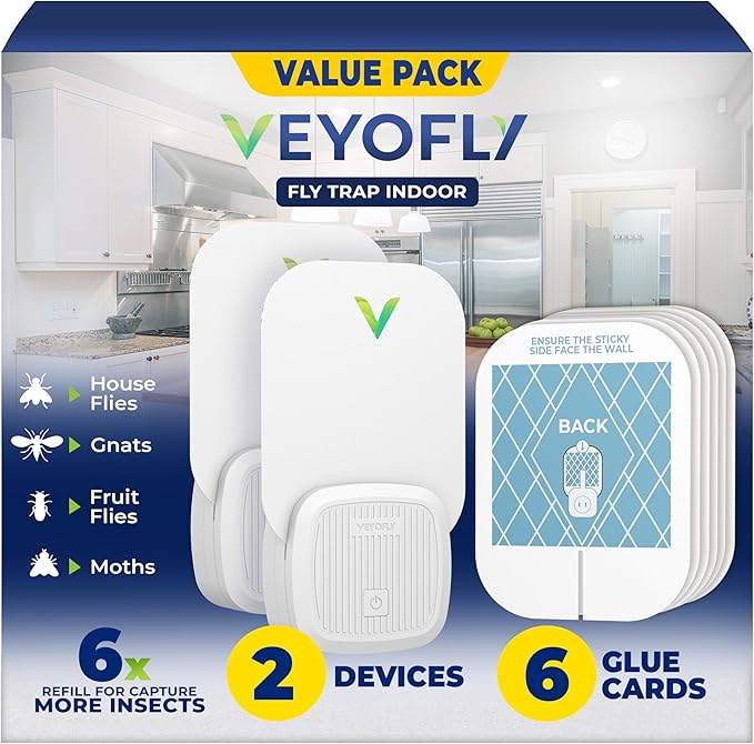 VEYOFLY Fly Trap Indoor, Fruit Fly Traps for Indoors Flying Insect (2 Device + 6 Refills) Gnat Traps for House Indoor, Bug Zapper Indoor, Gnat Killer Catcher & Fruit Fly Killer Light Plug in