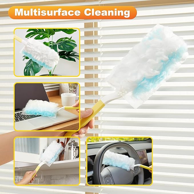 JOYMOOP Disposable Duster for Cleaning, with 2 Handles & 24 Ct Blue Heavy Duty Refills for Swiffer Feather Duster, Household Cleaning Tool for Electronics, Dusting Furniture, Blinds, Pet Hair