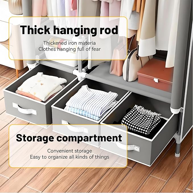 Portable Wardrobe Closet with Shelves & Drawers - Light Grey Oxford Fabric Clothes Organizer for Bedroom, Dorm Room - Waterproof, Easy Assembly No Tools Needed(35.4" x 17.7" x 67")