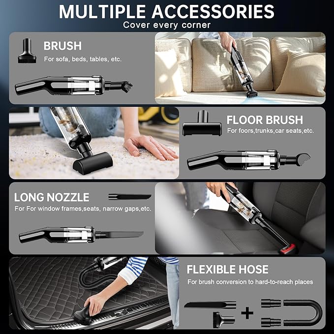dormzie Handheld Vacuum Cordless, 16000Pa Powerful Suction, Lightweight at 1.3 lbs, Rechargeable Car Vacuum Cleaners for Home Office Car Pets with Brushless Motor, Multiple Accessories