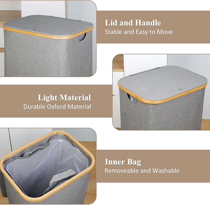 iEGrow Laundry Hamper with Lid, 110L Large Laundry Hamper with Handle and Lid, Collapsible Clothes Basket Organizer with Removable Inner Bag for Clothes Toys Towels - Grey