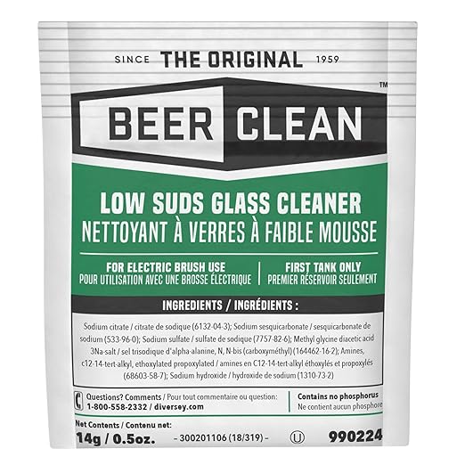 BEER CLEAN 990224 Low Suds Glass Cleaner, Restaurant Barware & Glassware Cleaner for Auto Brush, Powder Packets, 0.5-Ounce (Pack of 100)