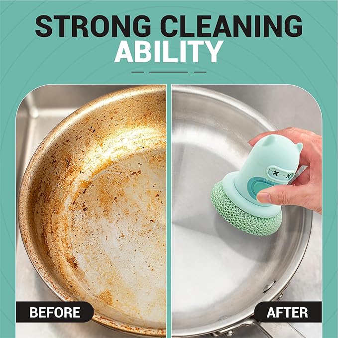 Dish Scrubber with Soap Dispenser, 2 Replaceable Sponges Included, Refillable Push-Button Handheld Sponge Scrubber, Palm Grip Kitchen Sink Cleaner for Dishes, Pots, Pans & Nonstick