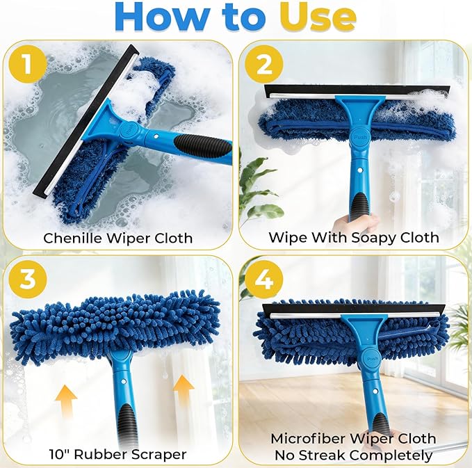 JTIEO 69'' Squeegee for Window Cleaning, 2-in-1 Window Squeegee Cleaner Tool with Extension Pole & Rotating Head, Blue Window Cleaning Kit for Shower Cleaner, Indoor & Outdoor Glass, High Window, Car