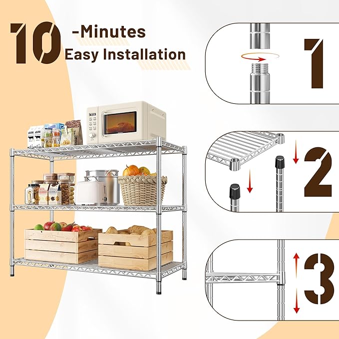 3- Shelf Metal Shelving Unit 35.6Wx14Dx36H,Adjustable Storage Shelves Heavy Duty Garage Steel Shelving for Office,Wire Rack Small Shelf for Kitchen Shelves Laundry Bathroom Pantry Closet,Chrome,2pc