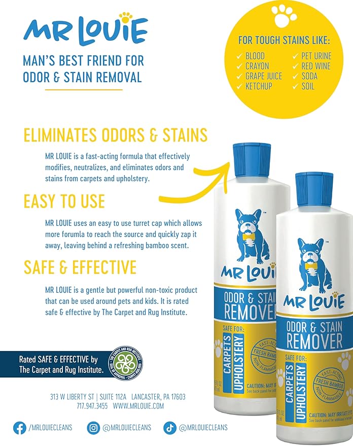 MR LOUIE Stain & Odor Remover for Carpet & Upholstery - Precision Pour No-Spray Cleaner Tough on Dog & Cat Urine, Vomit & Kid Stains - Safe for Kids & Pets (16oz)