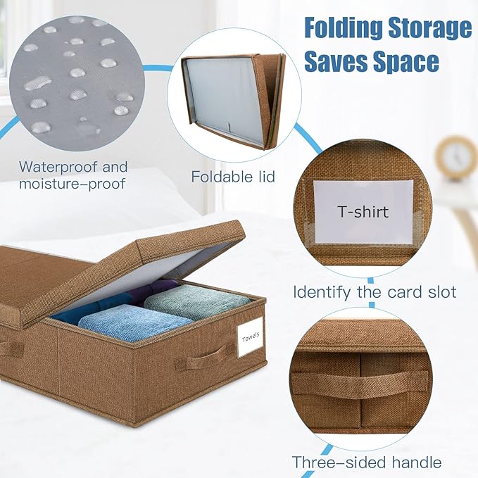 Supowin Underbed Storage Containers Bin with Lids (2pcs) Large Under Bed Storage Organizer Box with Handle, Foldable Under the Storage Bags for Organizing Clothes, Shoes, Blankets, Pillows-Dark brown