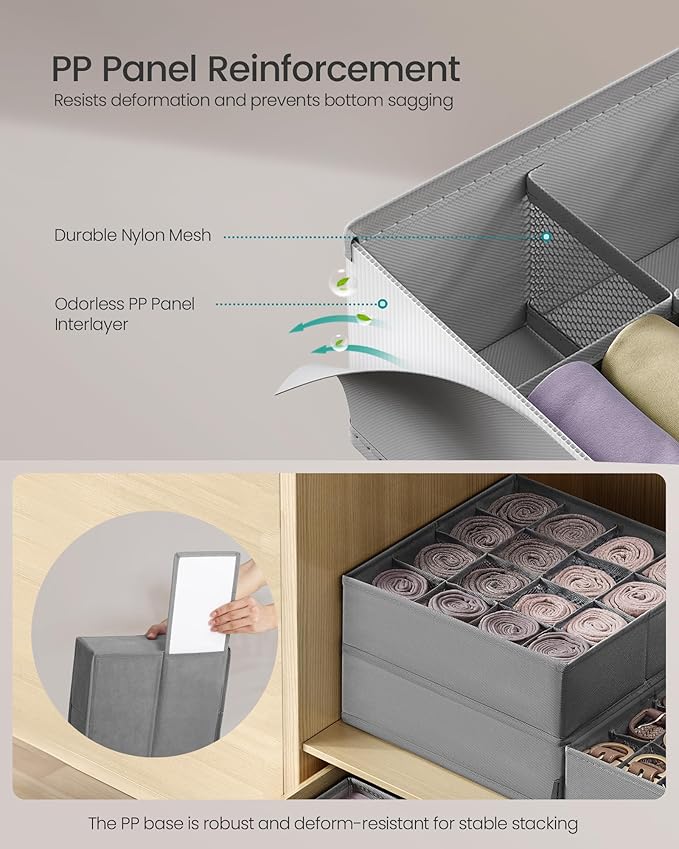 SONGMICS 6 Pack Drawer Organizers, 120 Cells (3x16+3x24), Foldable Dividers, 11.8 x 11.8 x 3.9 Inches, for Socks, Underwear, Ties, Belts, Dove Gray URUS011G02