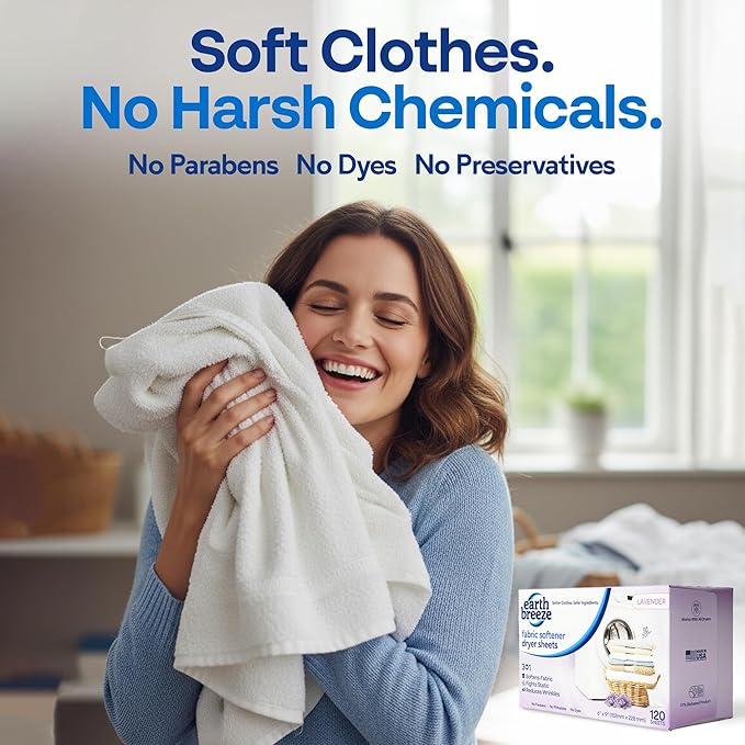 Earth Breeze Fabric Softener Dryer Sheets – Lavender, Hypoallergenic, No Harsh Chemicals, Safe Ingredients – Soft Clothes – Static Cling & Wrinkle Reducer – Gentle Fabric Care – Made in USA (1 Pack)