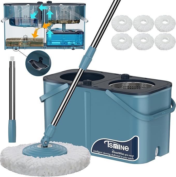 Spin Mop for Large Homes & Big Floor Cleaning, Clean & Dirty Water Separation Mop Bucket for Family & Pet Homes,4-Chamber System, Glide Wheels, Safe for Hardwood & Tile, Adjustable Handle, 6 Mop Heads