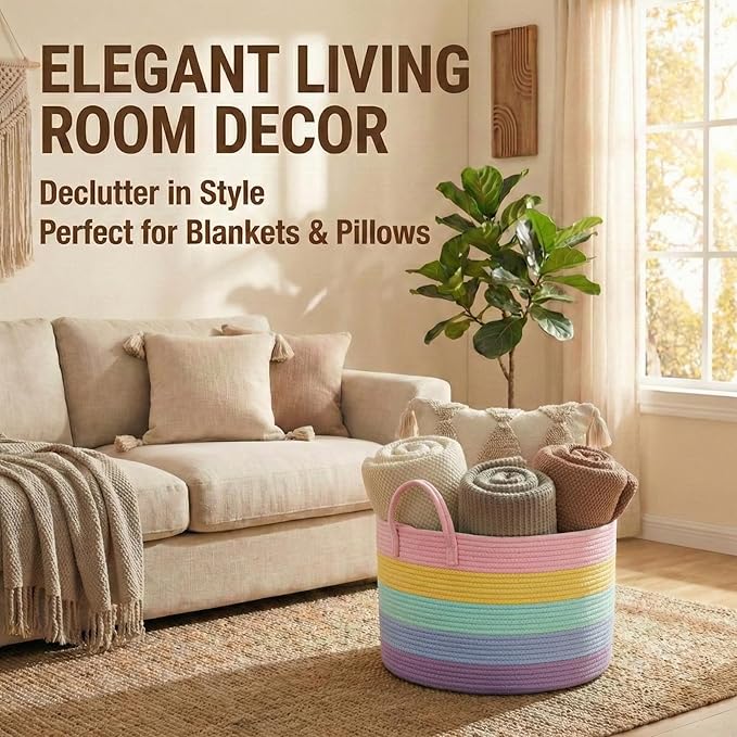 JMvicyroam 65L Extra Large Blanket Basket for Living Room - Woven Cotton Rope Laundry Hamper with Reinforced Handles - Storage Bin for Pillows, Comforters & Toys - Machine Washable,Rainbow