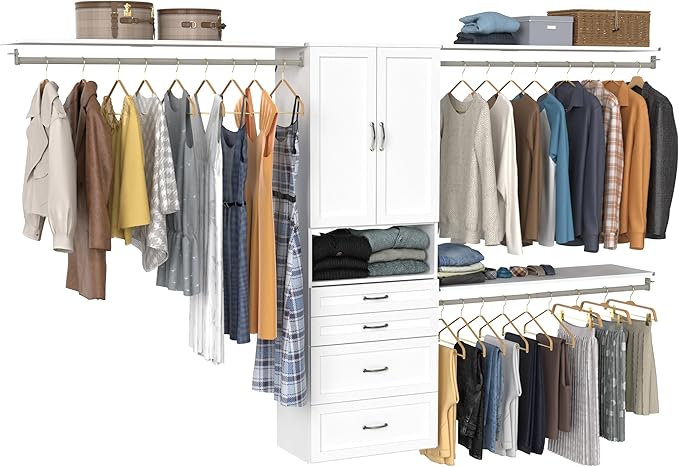 ClosetMaid SuiteSymphony Hanging Closet Kit Includes (1) Tower, (3) Closet Rods, (4) Shelves, (3) Top Shelves w/Brackets, (4) Drawers, and (1) Closet Door Set, White