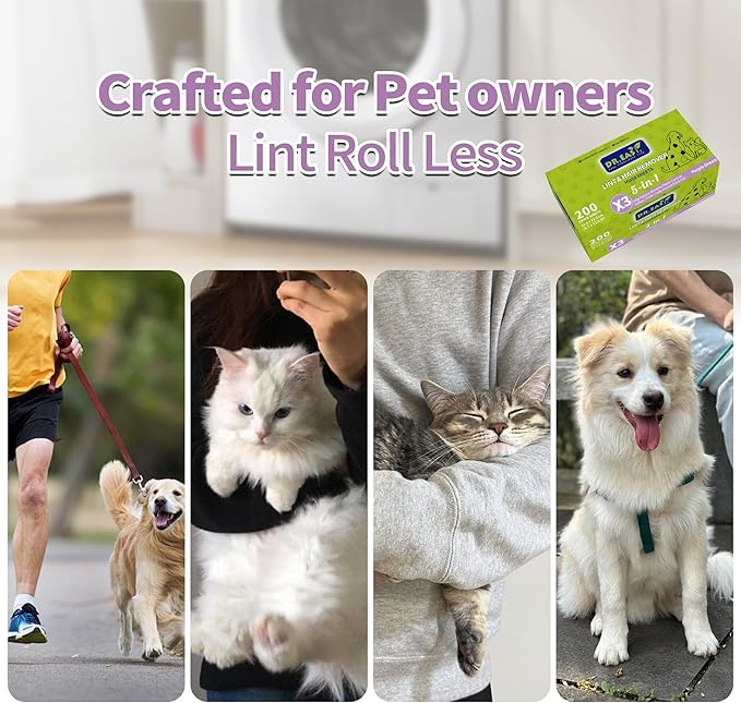 Dr.Easy LINT & HAIR REMOVER Pet HUGESHEETS with 3X Dryer Sheets, Lavender Fresh, 200 Count,PLANT&MINERAL-BASED FORMULA