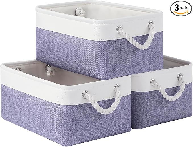 Storage Baskets for Shelves 13.8x9.8x6.7 Inch-Foldable Fabric Organizing Storage Bins with Handles, Closet & Bathroom Organizer, Home Storage for Kitchen, Office (3-Pack, White&Purple)