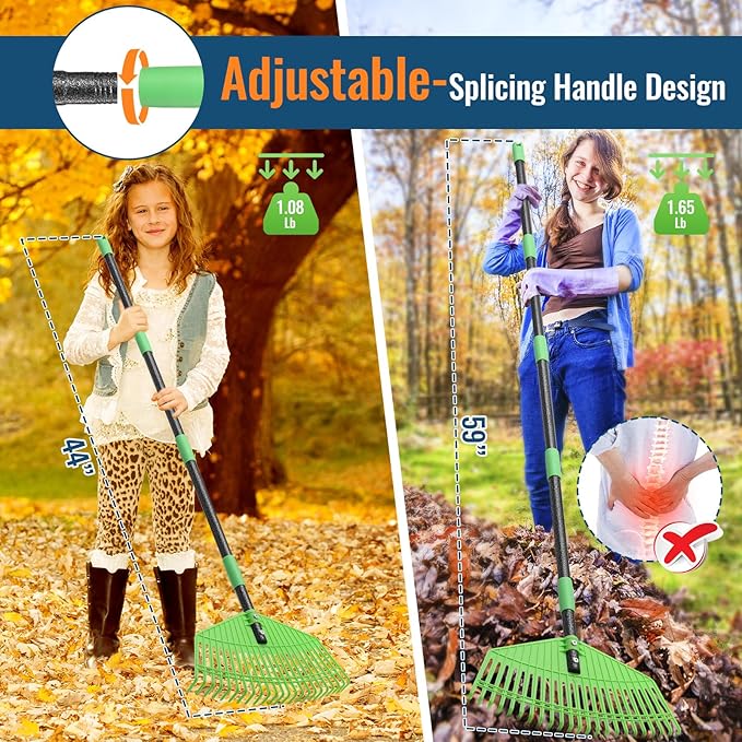 Ultra-Lightweight Leaf Rake, 16.5" Wide Head & 59" Comfort Grip Handle, Gentle Flexible Tines for Safe Use on Grass, Perfect for Yard Cleanup in Flower Beds and Narrow Areas