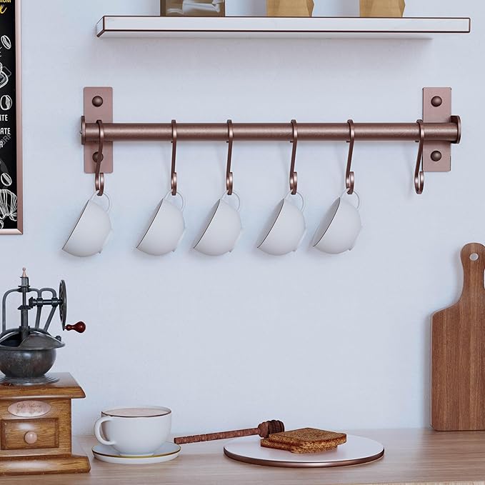 Dseap Kitchen Utensil Holder Hanger, Pot and Pan Rack Wall Mounted, Kitchen Rail with 8 Hooks for Hanging Cooking Utensils, Mugs, Spoons, Wall Mounted, Antique Copper New