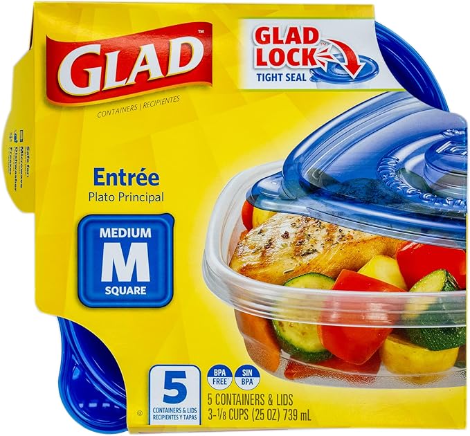 Glad GladWare Entree Food Storage Containers with Lids, Medium Square BPA Free Plastic for Meal Prep and Lunches, Lock Tight Seal, Microwave and Dishwasher Safe, 25 Oz, 5 Count