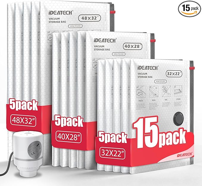 IDEATECH 15Pack Vacuum Storage Bags with Electric Pump, Jumbo Vacuum Seal Bags for Clothing, Bedding & Blanket, Heavy Duty Compression Space Saver with Airtight Seal, Complete Home Storage-5M+5L+5XL