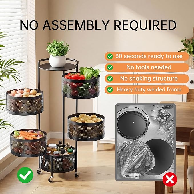 JAQ Rotating Fruit Basket, 5-Tier Metal Sturdy Kitchen Storage Rack Shelf Carts No Assembly on Rolling Wheels for Fruit Vegetable Grocery Corns Potato Onion (5-Tier, Black)