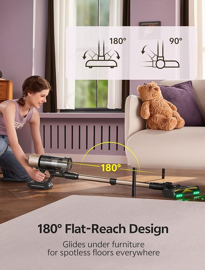 Ultenic Cordless Vacuum Cleaner, 600W 60KPA 65min Runtime, Stick Vacuum with Green Light, Self-Standing & 180° Lay-Flat, Anti-Tangled Brush, Vacuum Cleaners for Home/Hard Floor/Carpet/Pet Hair, U15