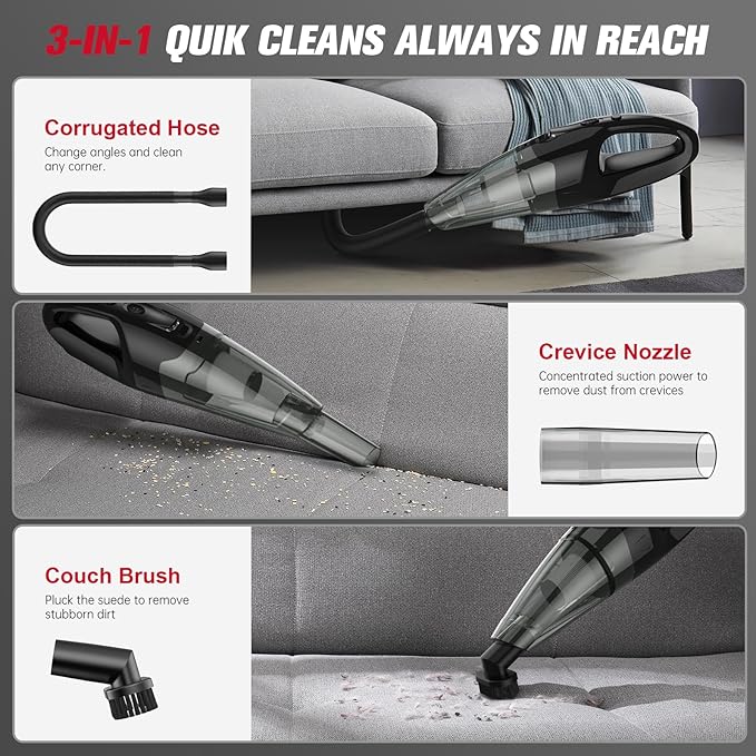 BSRCO 30-Min Runtime Pro Handheld Vacuum Cordless - 1.65lbs Ultra Lightweight, 3-in-1 with LED Light & HEPA Filter, for Car Detailing & Pet Hair (Graphite)