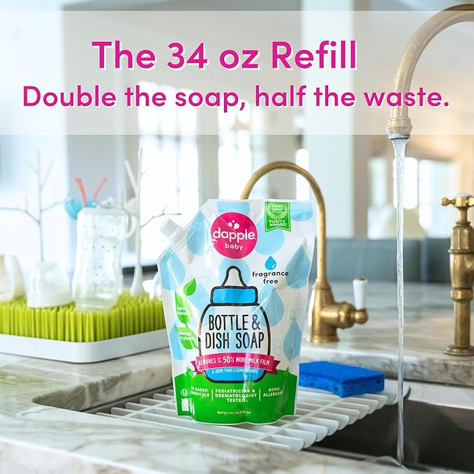 Dapple Baby Bottle Soap, Hypoallergenic Dish Soap for Baby Bottles, Powered by Plants, Fragrance Free, 34 Fl Oz (Pack of 2)