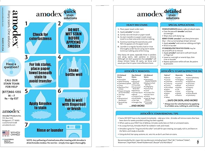 Amodex Ink & Stain Remover for Clothes, Leather and Skin - Removes Ink, Ballpoint, Sharpie, Grease and More, Works on Set-in Stains, Gentle but Powerful, 4oz/120ml Bottle (Pack of 2)
