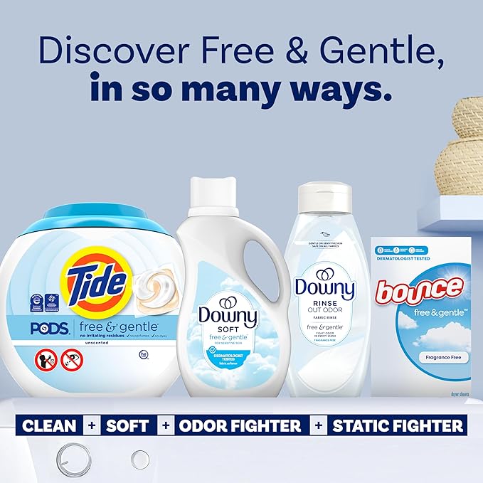 Downy Free & Gentle Liquid Fabric Softener, 44 fl oz, 60 Loads, Hypoallergenic, Sensitive Skin Friendly Fabric Conditioner Liquid