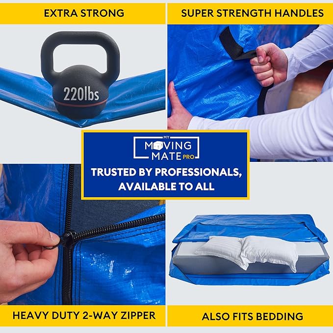 Queen Size Mattress Bag for Moving and Storage with 8 Handles and Zipper - Tarp Plastic Mattress Cover for Moving and Storage - Professional Grade Mattress Storage Bags - Heavy Duty, Reusable