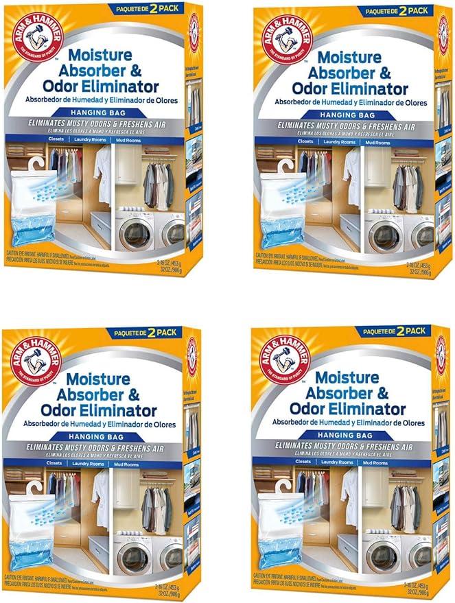 Arm & Hammer Moisture Absorber & Odor Eliminator 16oz Hanging Bag, 4 Pack (8 Bags Total) Eliminates Musty Odors & Freshens Air for Closets, Laundry Rooms, Mud Rooms
