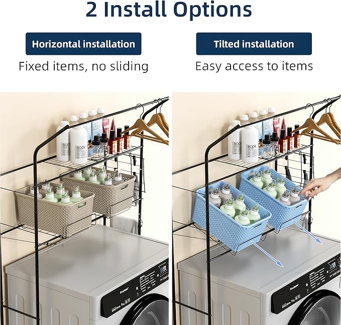 Laundry Room Storage Shelf, 2 Tier Metal Over Washer and Dryer Shelves, Washing Machine Shelf with Hanger Rods & Hooks, Expandable Bathroom Space Saver Shelf, 26–36.8" L x 18.3" W x 73.8" H, Black
