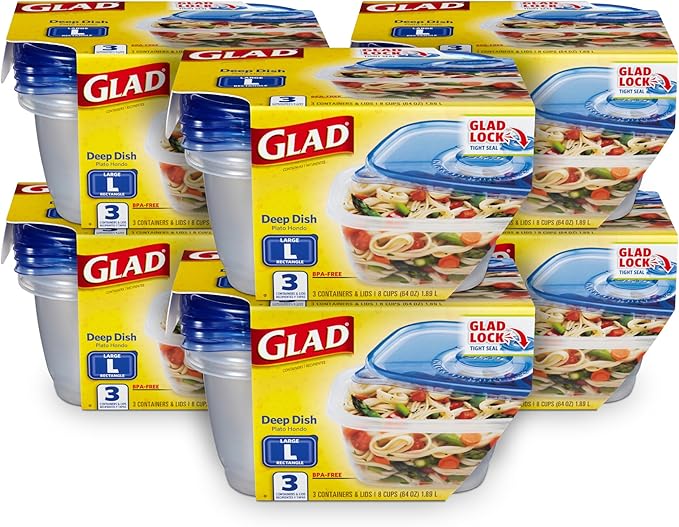 Glad GladWare Deep Dish Food Storage Containers with Lids, Large Rectangle BPA Free Plastic for Soups Salads and Meal Prep, Lock Tight Seal, Microwave Dishwasher Safe, 64 Oz, 3 Count - 6 Pack
