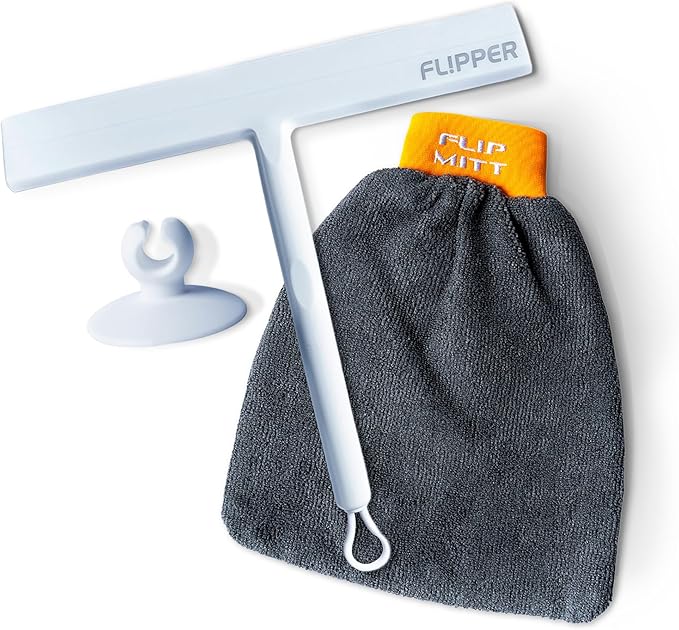 Flipper Dual-Action Squeegee and Microfiber Mitt – 2-in-1 Streak-Free Glass and Mirror Cleaning Tool for Windows, Shower Doors and Countertops – Reusable, Ergonomic, and Durable Design