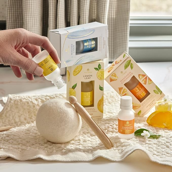 Thymes Wool Dryer Balls Set – Includes 3 Wool Laundry Balls + 1 Scented Laundry Fragrance Oil for Dryer – Eliminate Wrinkles, Static & Lint (Mandarin Coriander, 0.5 fl oz)
