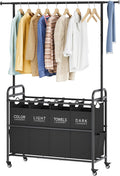 Tajsoon Laundry Sorter Cart with Hanging Clothes Rack, 4 Butler Sorter Basket Organizer, Laundry Hamper Cart with Heavy Duty Rolling Lockable Wheels, Black