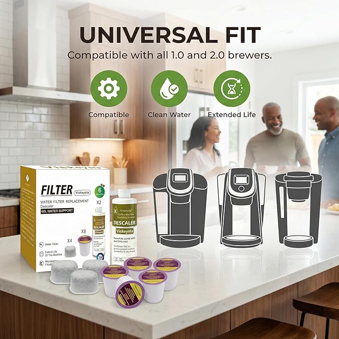 6-Month Maintenance Kit for Keurig: 2 Descalers + 4 Filters + 8 Cleaning Pods, Compatible with Keurig Classic/1.0/2.0 K-Cup Coffee Makers