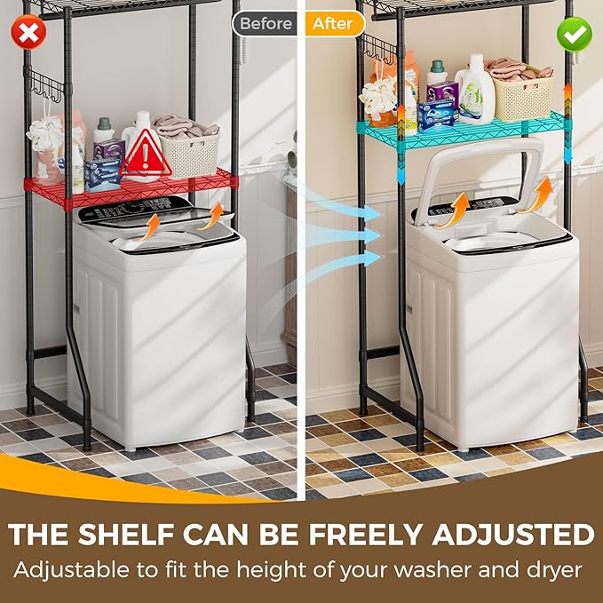 Golpart Over Washer and Dryer Shelves,2 Tier Adjustable Height Wire Shelving Laundry Room Storage Organization Clothes Drying Rack with Hanger Rod&Hooks,Space Saving Organizers Shelf,Black