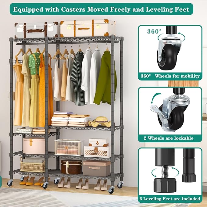Rolling Clothes Rack, Heavy Duty Garment Rack for Hanging Clothes, Wire Adjustable Rolling Clothing Rack with Lockable Wheels & 2 Hanger Rods, Max Load 850LBS, Black